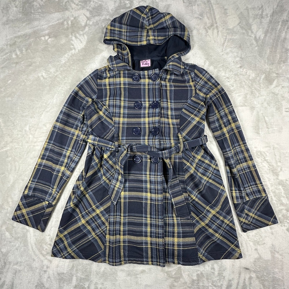 La Kitty Coat Womens Medium Multicolor Plaid Cotton Lined Double Breasted Hooded